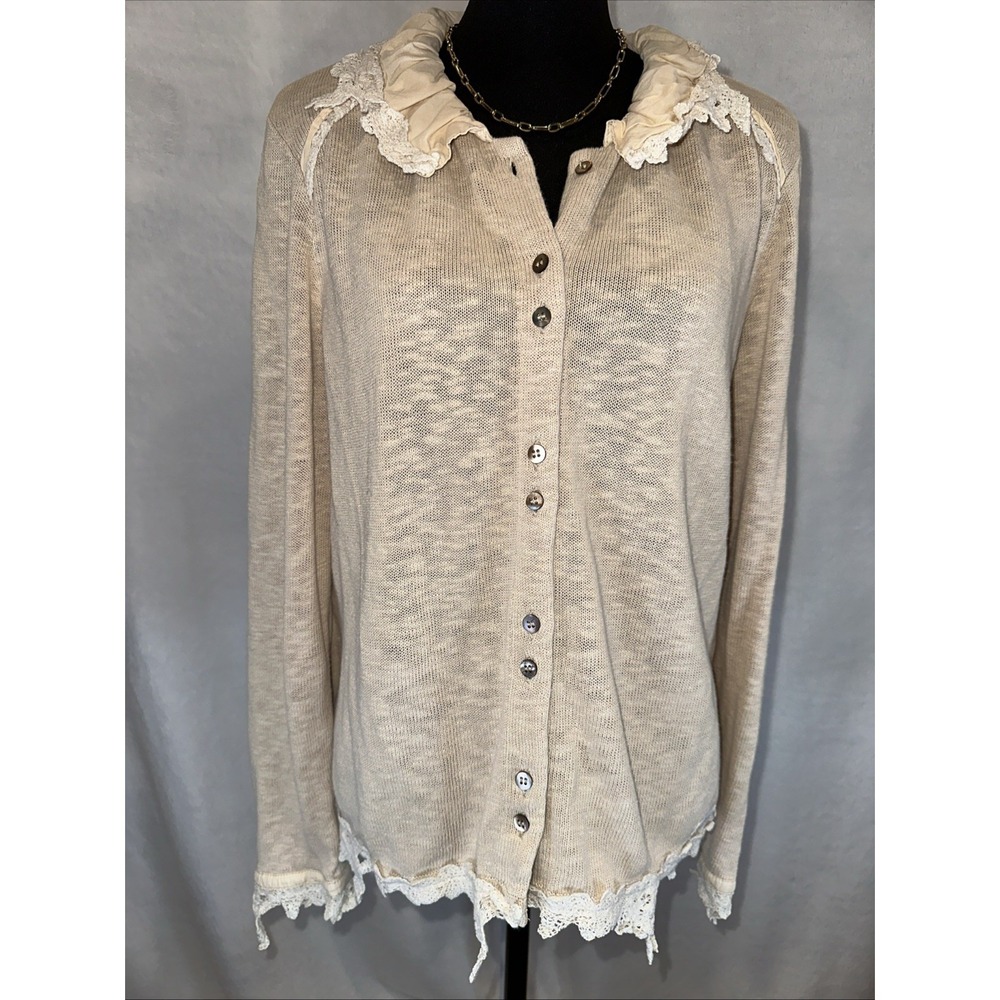 Vintage Blue Willi's Linen Blend Cardigan Ruffle Collar Boho Cottagecore Raw Hem